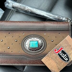 Justin Brown Leather Wallet with Turquoise Accent